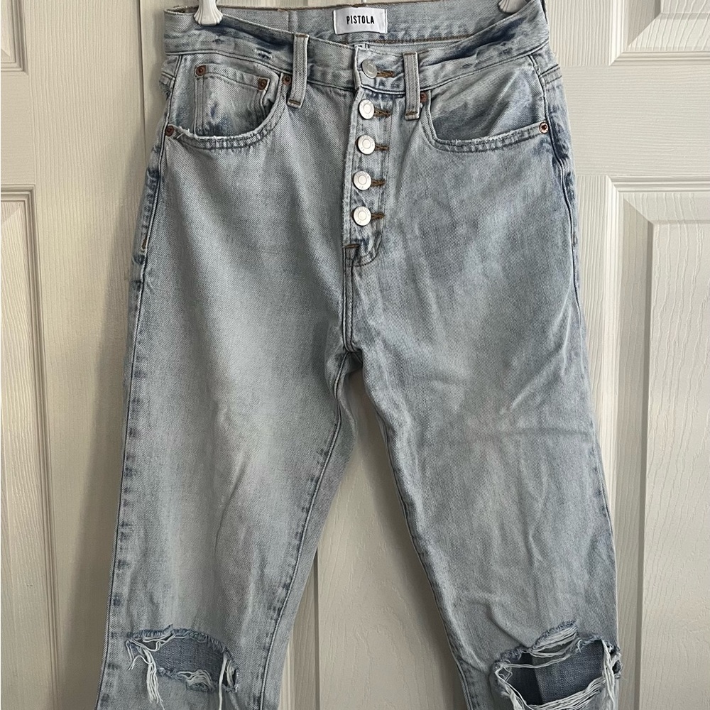 Pistols ripped straight leg blue jeans